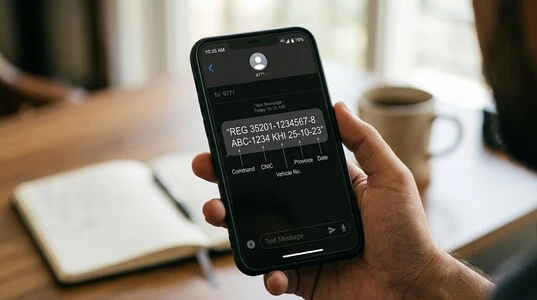 9771 REG SMS format showing CNIC vehicle number province code and registration date