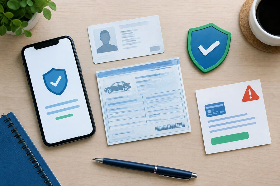 Phone, vehicle document, identity card illustration, and shield icon representing safe petrol subsidy verification
